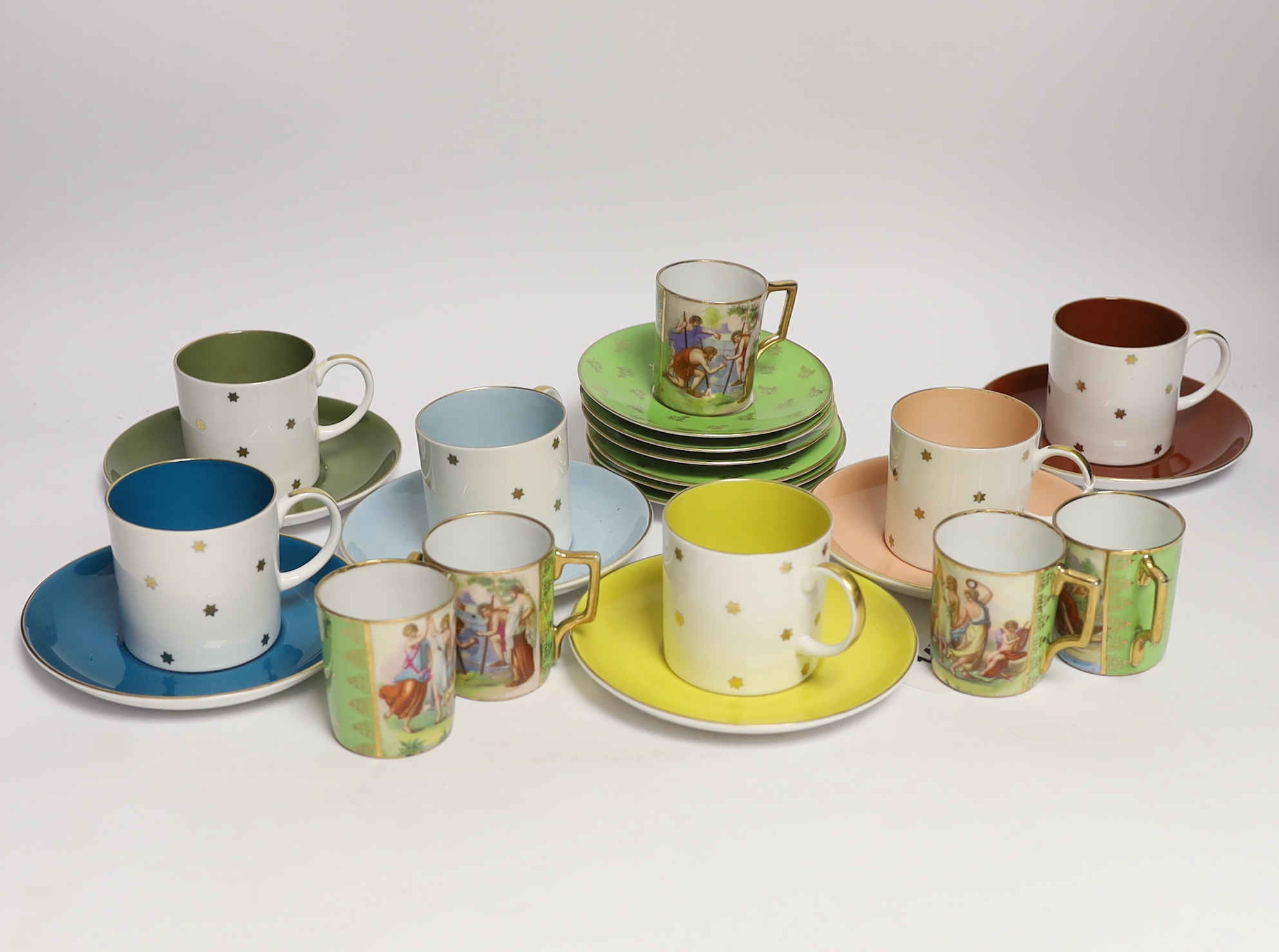 Set of six Susie Cooper bone china multi-coloured cups and saucers together with six Victoria saucers and five cups, largest 14cm in diameter